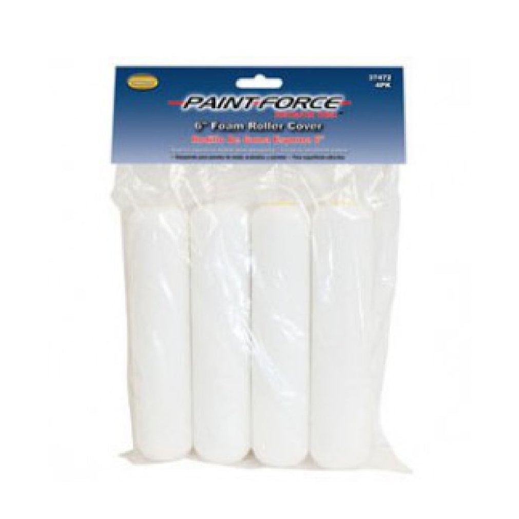 A set of four white candles elegantly displayed in clear plastic packaging, enhanced by a blue label with white text, evokes the smooth finish reminiscent of PAINT FORCEs Foam Roller Refills 3/8 inch nap.
